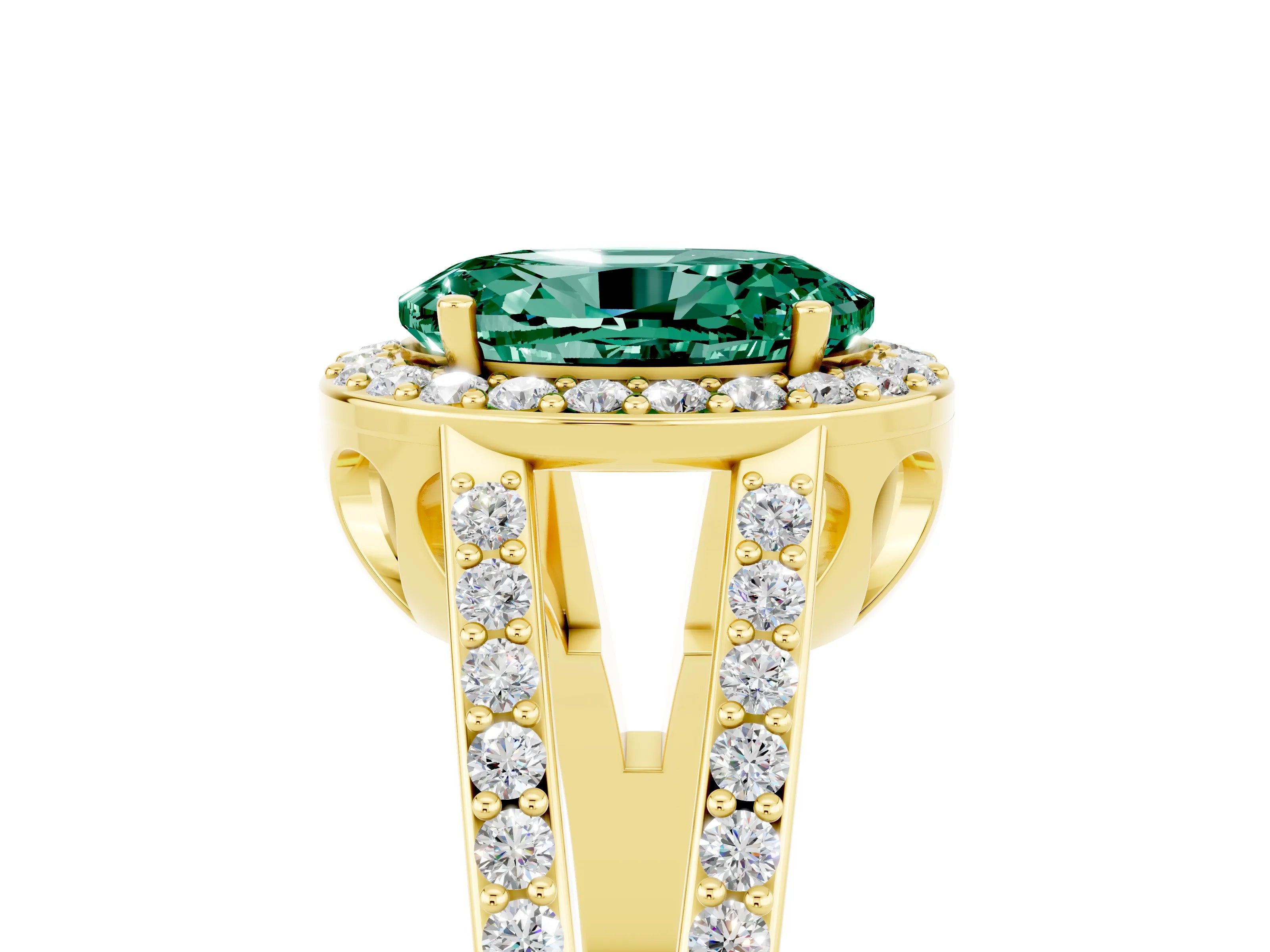 Yellow gold Oval Cut Green Sapphire Halo Ring with Split Shank U-Prong Band and Four-Prong Setting_5