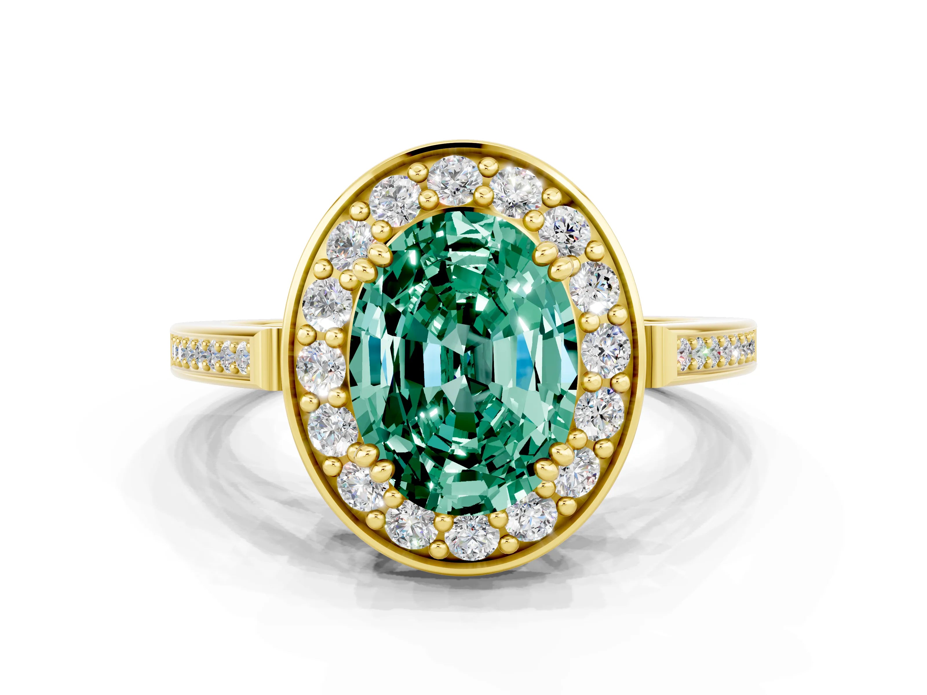 Yellow gold Oval Cut Green Sapphire Halo Ring with Split Shank and Four-Prong Setting