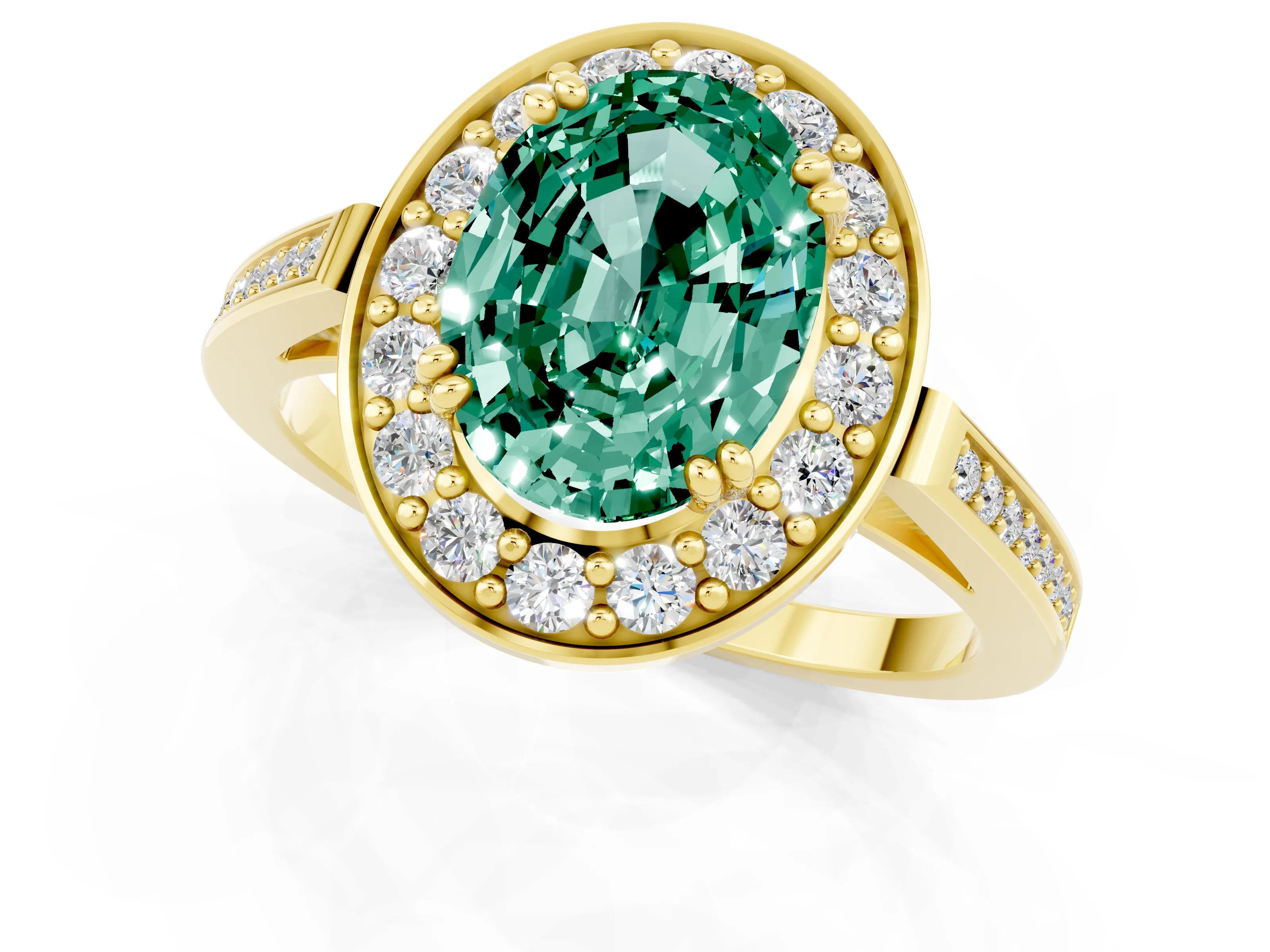 Yellow gold Oval Cut Green Sapphire Halo Ring with Split Shank and Four-Prong Setting_1
