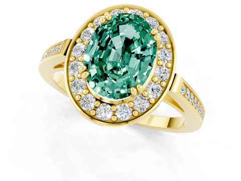 Yellow gold Oval Cut Green Sapphire Halo Ring with Split Shank and Four-Prong Setting_1