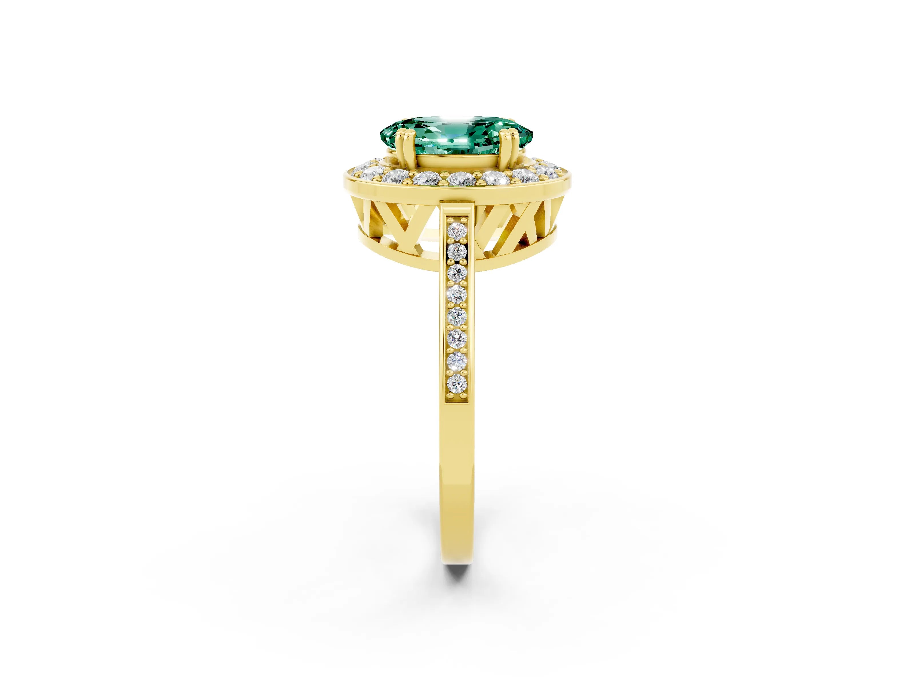 Yellow gold Oval Cut Green Sapphire Halo Ring with Split Shank and Four-Prong Setting_2