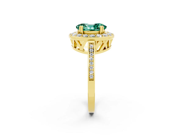 Yellow gold Oval Cut Green Sapphire Halo Ring with Split Shank and Four-Prong Setting