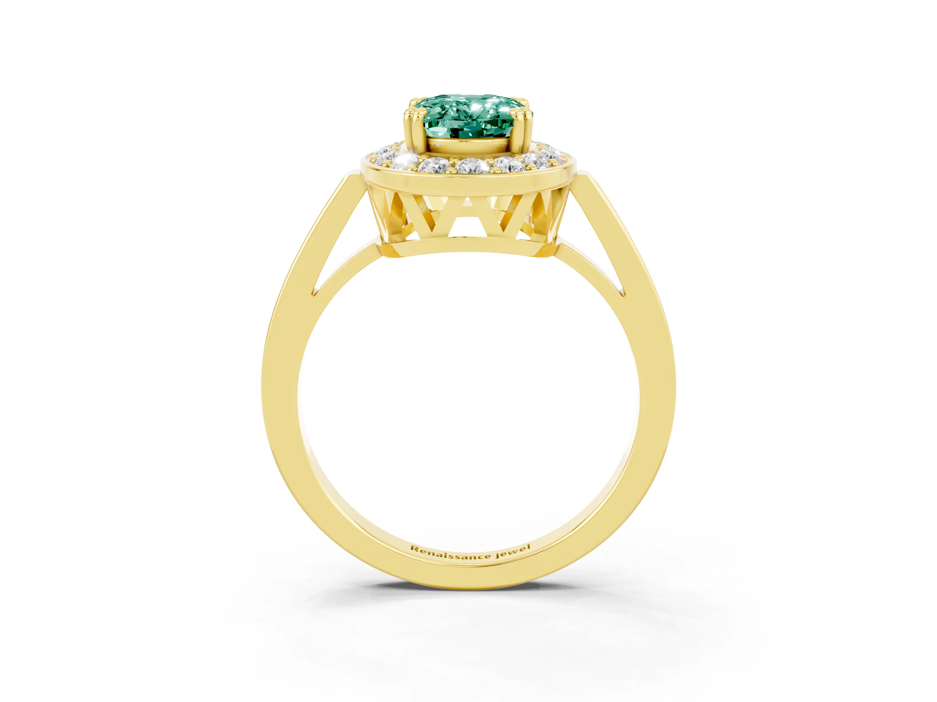 Yellow gold Oval Cut Green Sapphire Halo Ring with Split Shank and Four-Prong Setting_3