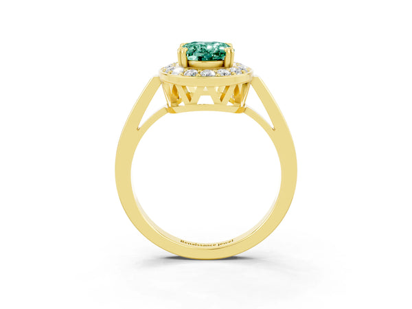 Yellow gold Oval Cut Green Sapphire Halo Ring with Split Shank and Four-Prong Setting