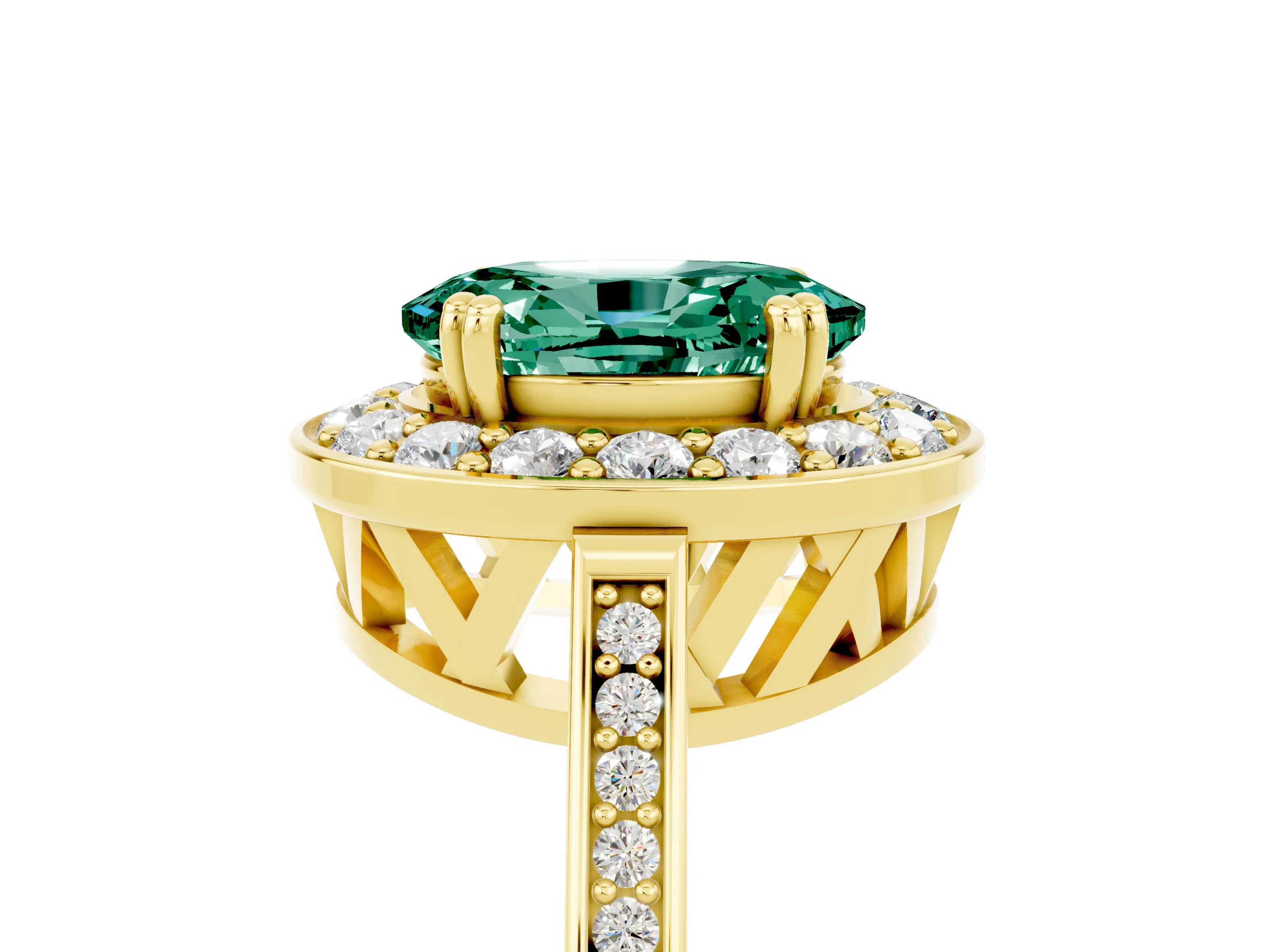Yellow gold Oval Cut Green Sapphire Halo Ring with Split Shank and Four-Prong Setting_5