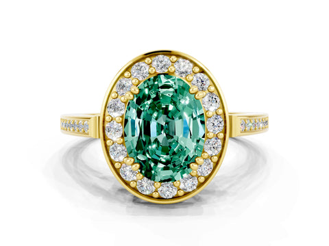 Yellow gold Oval Cut Green Sapphire Halo Ring with Split Shank and Four-Prong Setting