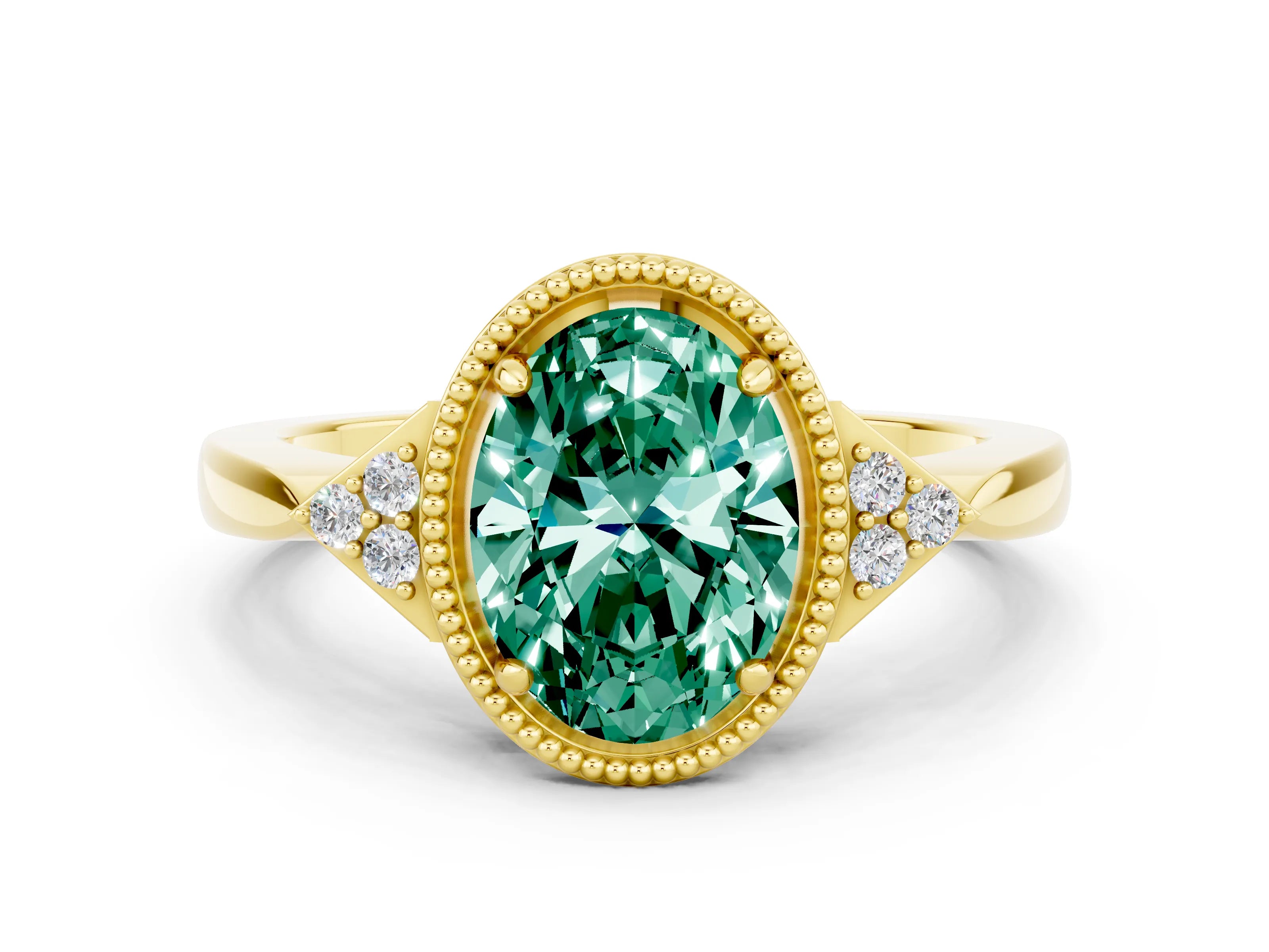 Yellow gold Oval Cut Green Sapphire Halo Ring with Tapered Band and Four-Prong Setting