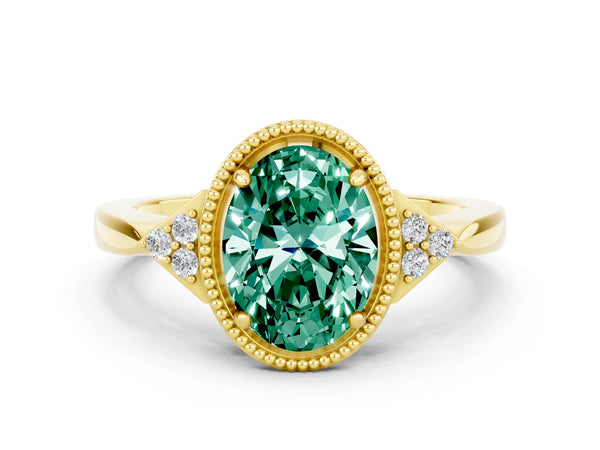 Yellow gold Oval Cut Green Sapphire Halo Ring with Tapered Band and Four-Prong Setting