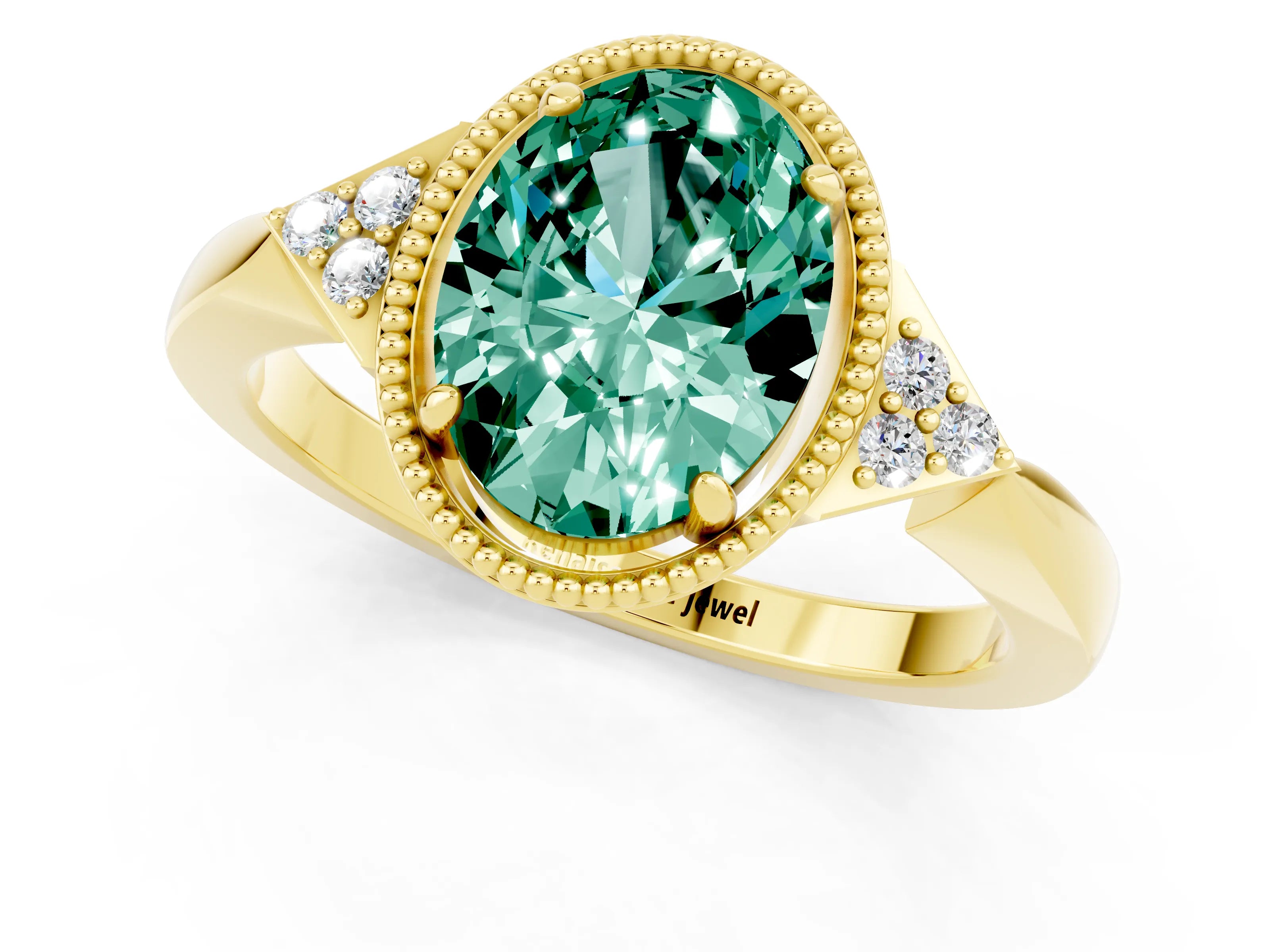 Yellow gold Oval Cut Green Sapphire Halo Ring with Tapered Band and Four-Prong Setting_1