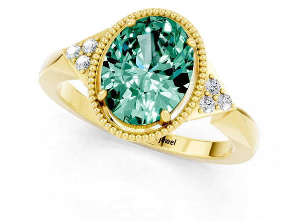 Yellow gold Oval Cut Green Sapphire Halo Ring with Tapered Band and Four-Prong Setting