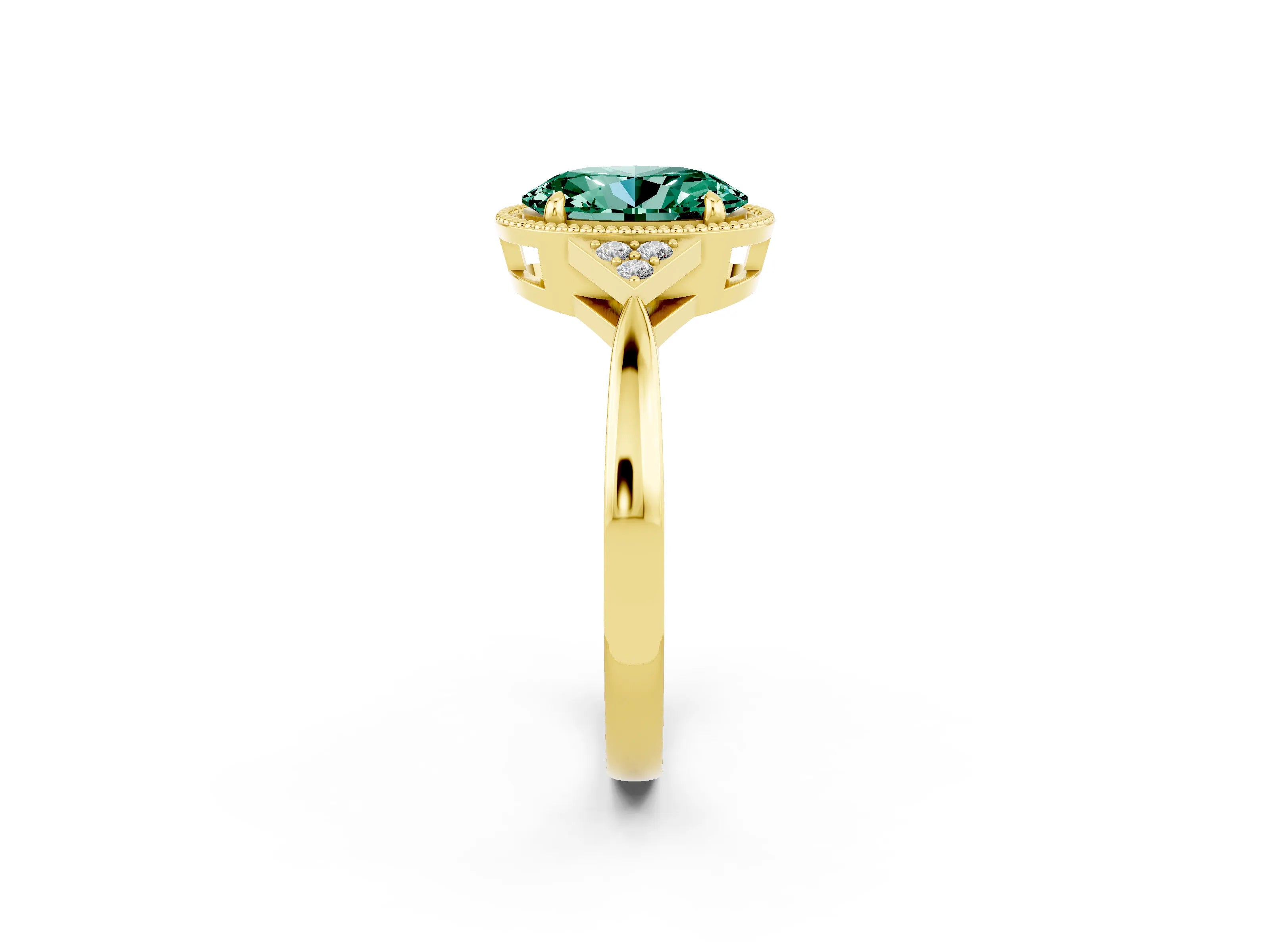Yellow gold Oval Cut Green Sapphire Halo Ring with Tapered Band and Four-Prong Setting_2