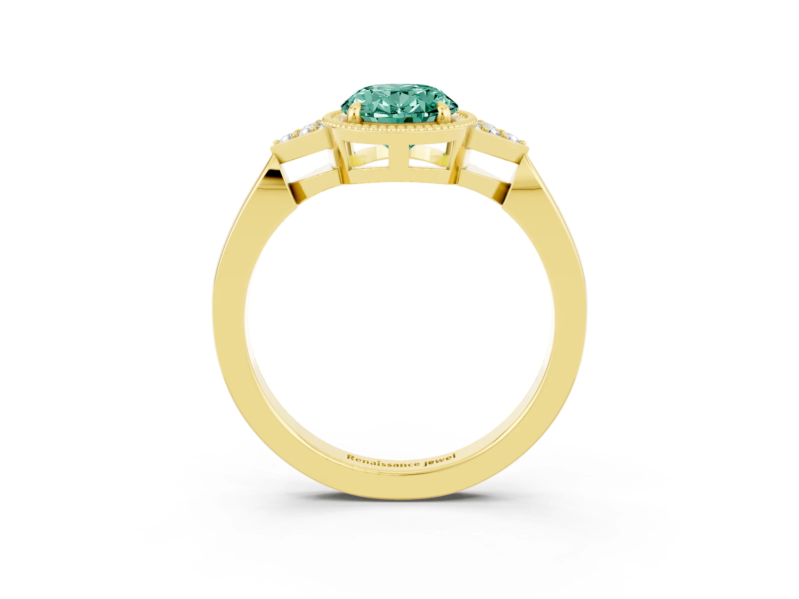 Yellow gold Oval Cut Green Sapphire Halo Ring with Tapered Band and Four-Prong Setting_3