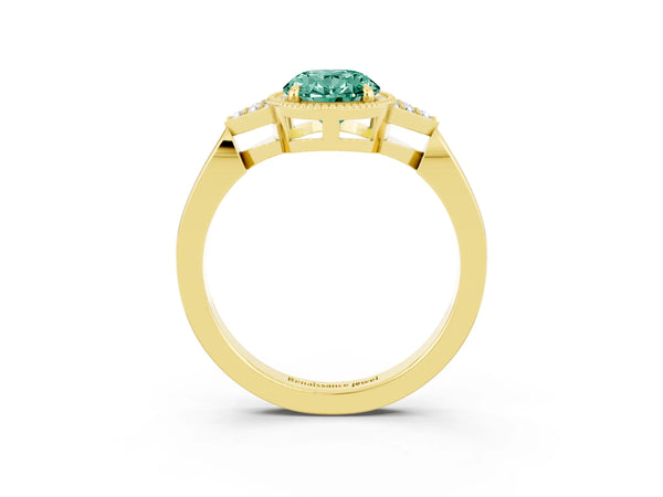 Yellow gold Oval Cut Green Sapphire Halo Ring with Tapered Band and Four-Prong Setting