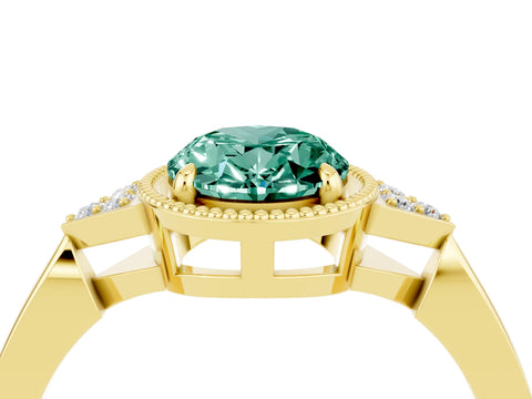 Yellow gold Oval Cut Green Sapphire Halo Ring with Tapered Band and Four-Prong Setting_4