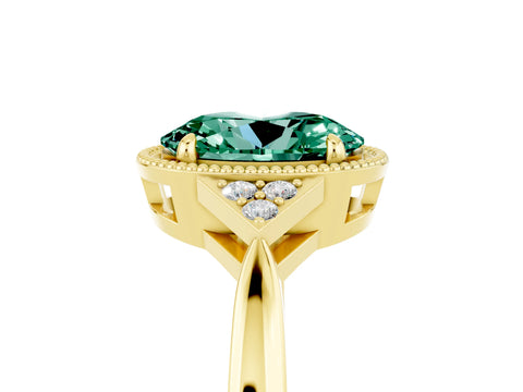 Yellow gold Oval Cut Green Sapphire Halo Ring with Tapered Band and Four-Prong Setting_5