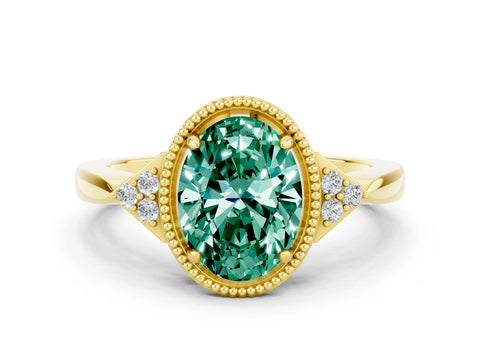 Yellow gold Oval Cut Green Sapphire Halo Ring with Tapered Band and Four-Prong Setting
