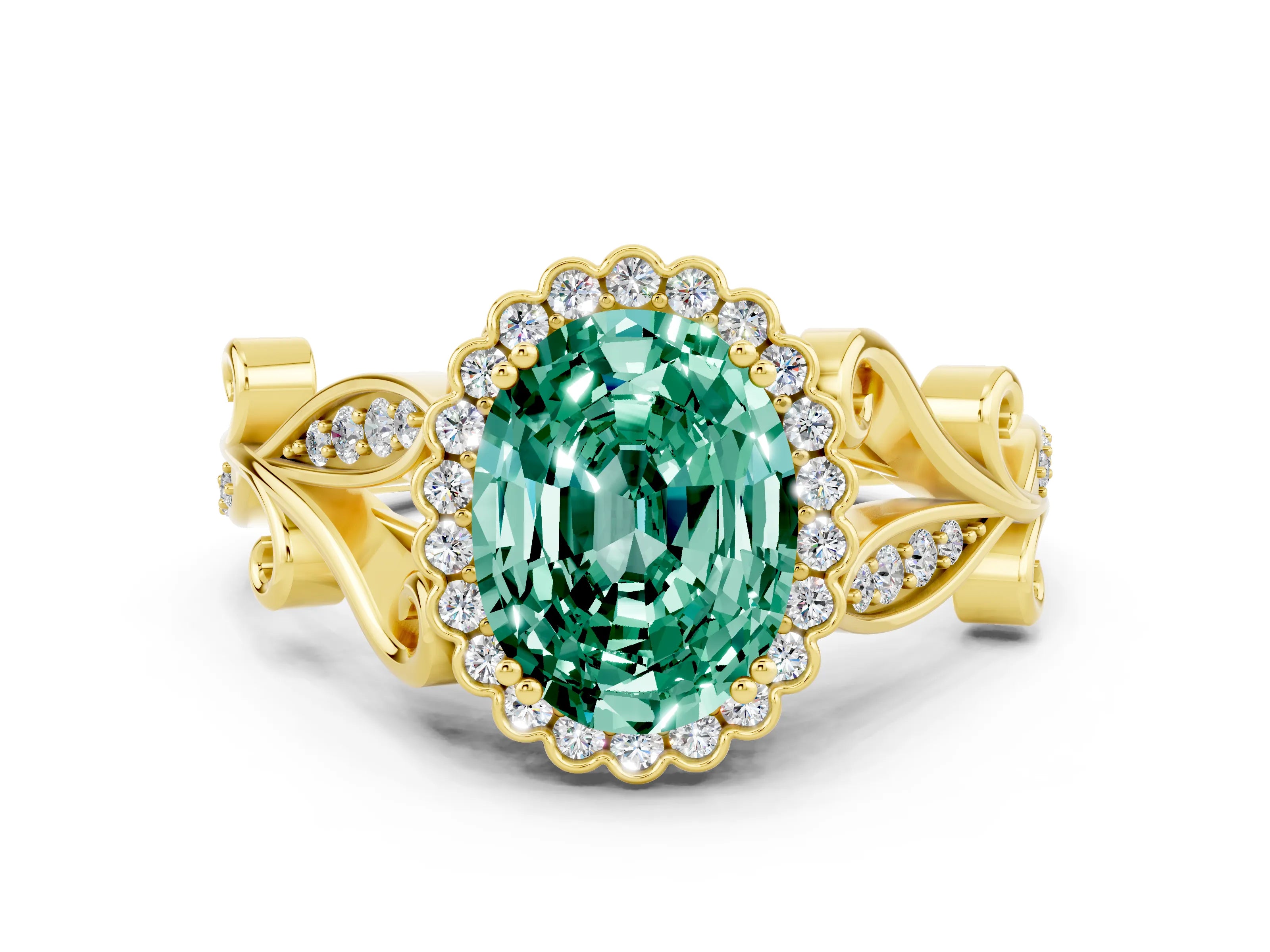Yellow gold Oval Cut Green Sapphire Halo Ring with Vintage Split Shank and Four-Prong Setting