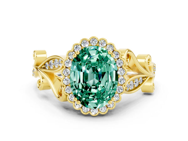 Yellow gold Oval Cut Green Sapphire Halo Ring with Vintage Split Shank and Four-Prong Setting