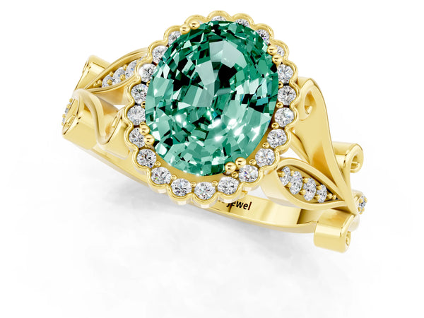 Yellow gold Oval Cut Green Sapphire Halo Ring with Vintage Split Shank and Four-Prong Setting
