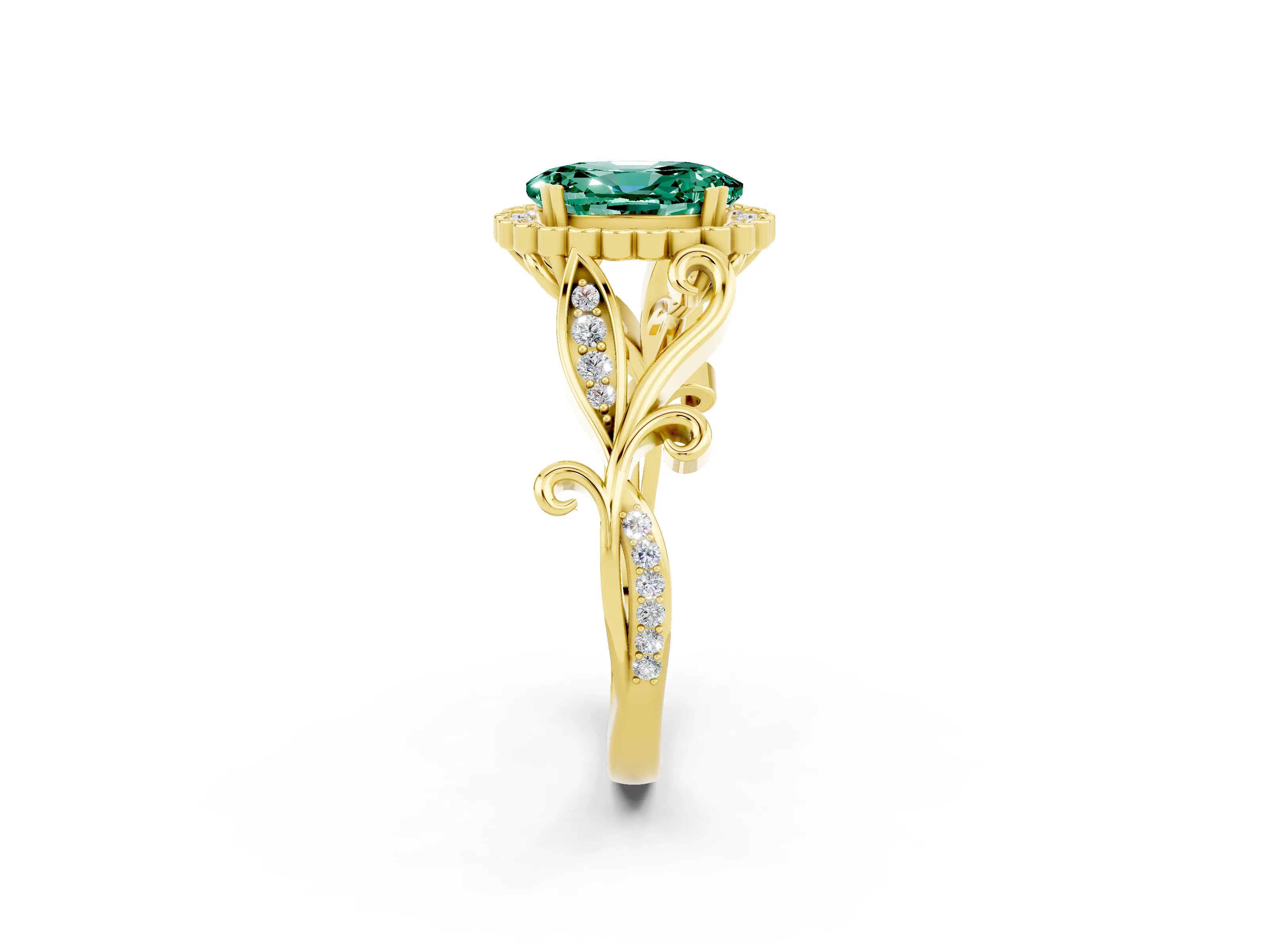 Yellow gold Oval Cut Green Sapphire Halo Ring with Vintage Split Shank and Four-Prong Setting_2