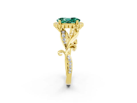 Yellow gold Oval Cut Green Sapphire Halo Ring with Vintage Split Shank and Four-Prong Setting_2