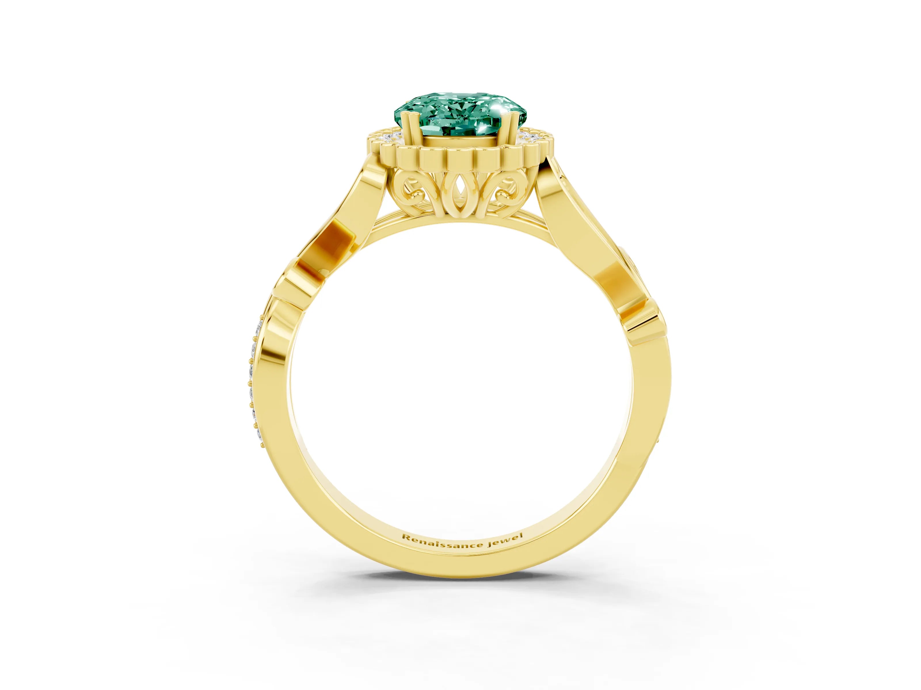 Yellow gold Oval Cut Green Sapphire Halo Ring with Vintage Split Shank and Four-Prong Setting_3
