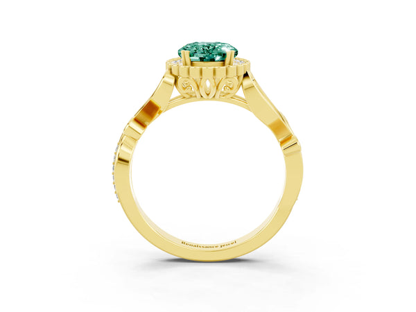 Yellow gold Oval Cut Green Sapphire Halo Ring with Vintage Split Shank and Four-Prong Setting