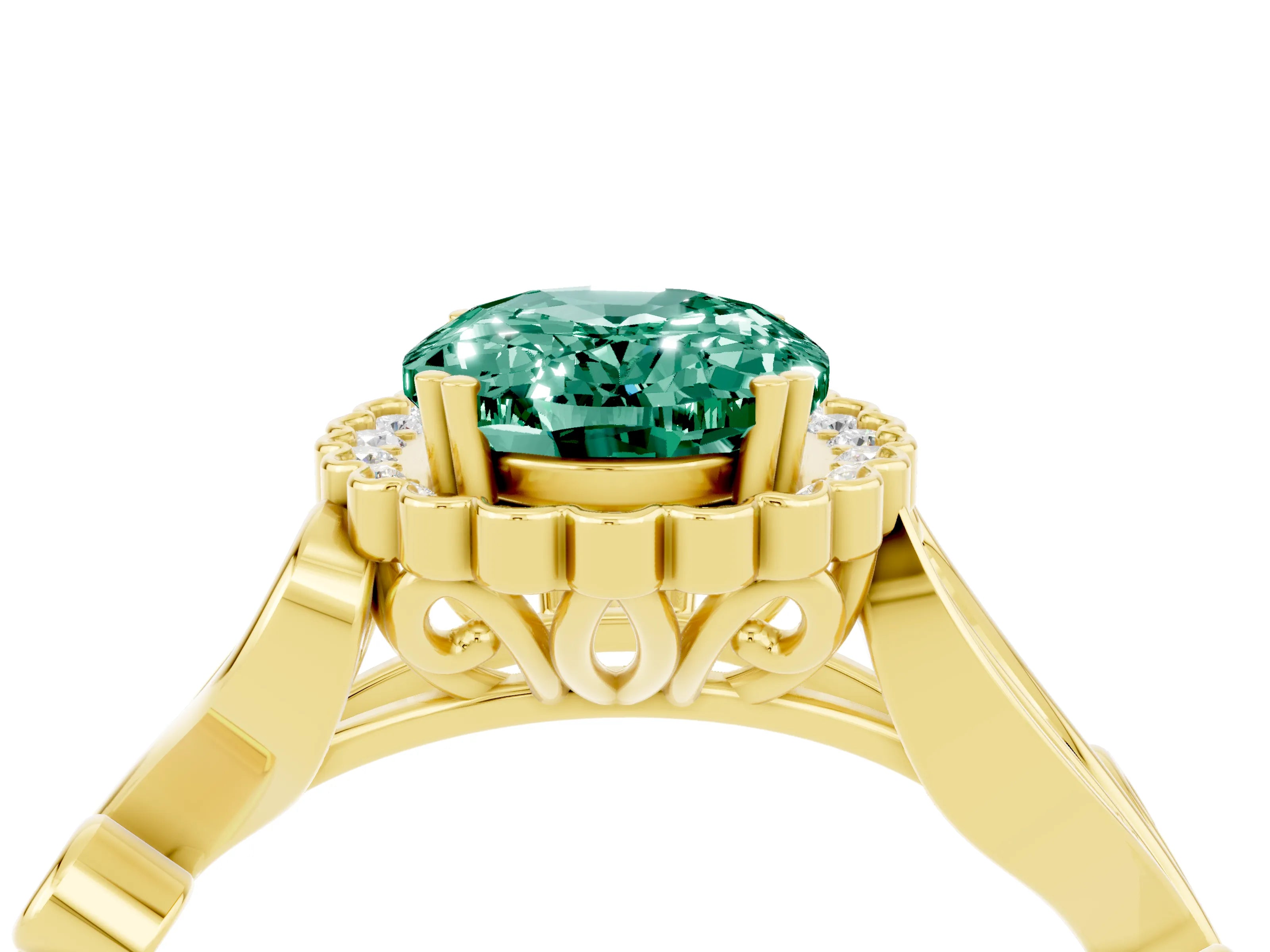 Yellow gold Oval Cut Green Sapphire Halo Ring with Vintage Split Shank and Four-Prong Setting_4