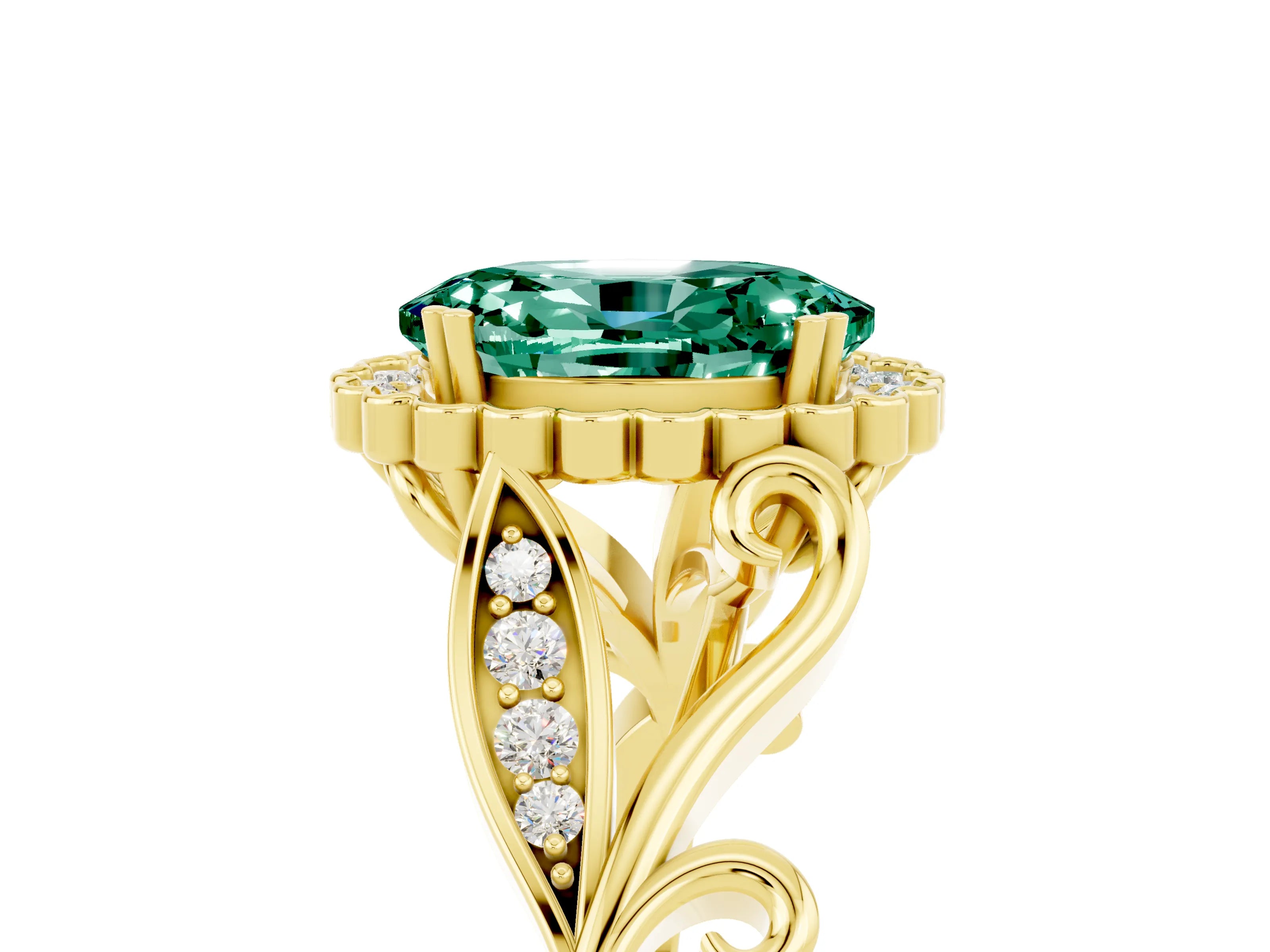 Yellow gold Oval Cut Green Sapphire Halo Ring with Vintage Split Shank and Four-Prong Setting_5