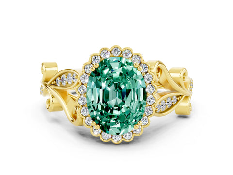 Yellow gold Oval Cut Green Sapphire Halo Ring with Vintage Split Shank and Four-Prong Setting