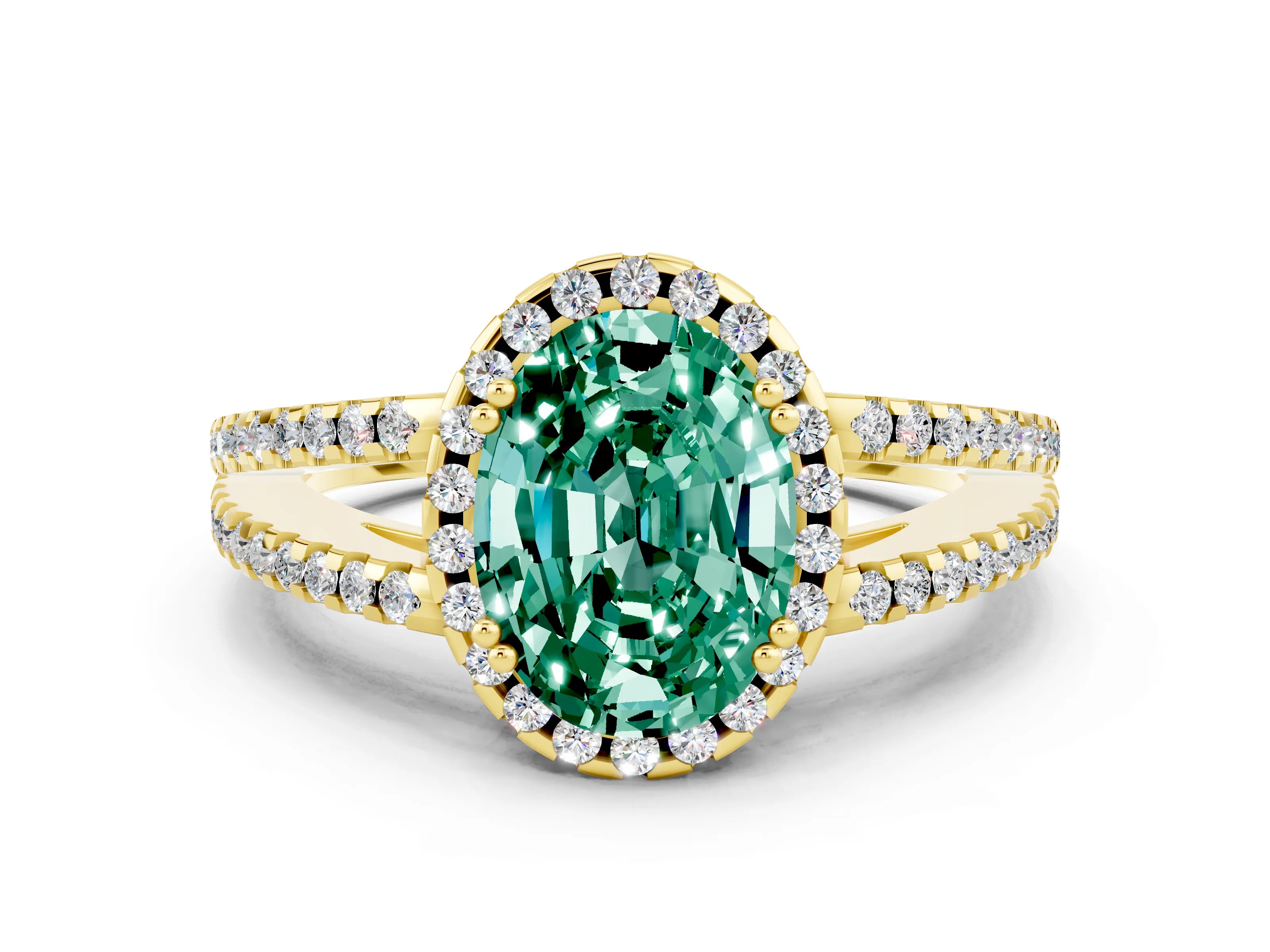 Yellow gold Oval Cut Green Sapphire Halo Split Shank Engagement Ring_12