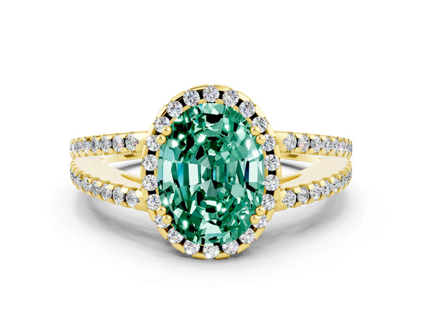 Yellow gold Oval Cut Green Sapphire Halo Split Shank Engagement Ring