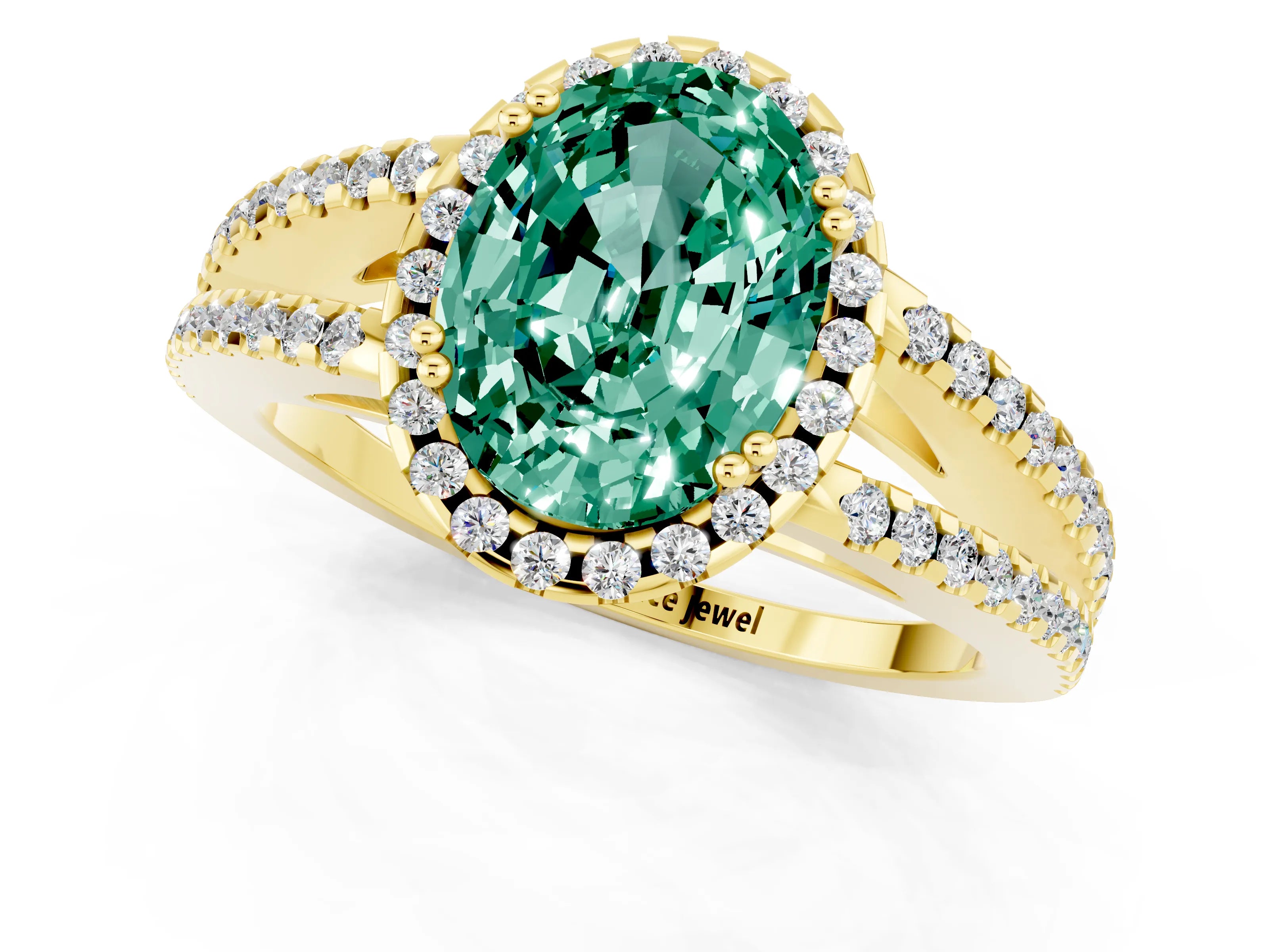 Yellow gold Oval Cut Green Sapphire Halo Split Shank Engagement Ring_13