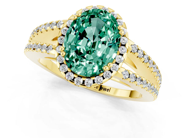 Yellow gold Oval Cut Green Sapphire Halo Split Shank Engagement Ring