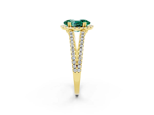 Yellow gold Oval Cut Green Sapphire Halo Split Shank Engagement Ring