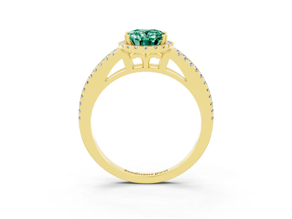 Yellow gold Oval Cut Green Sapphire Halo Split Shank Engagement Ring