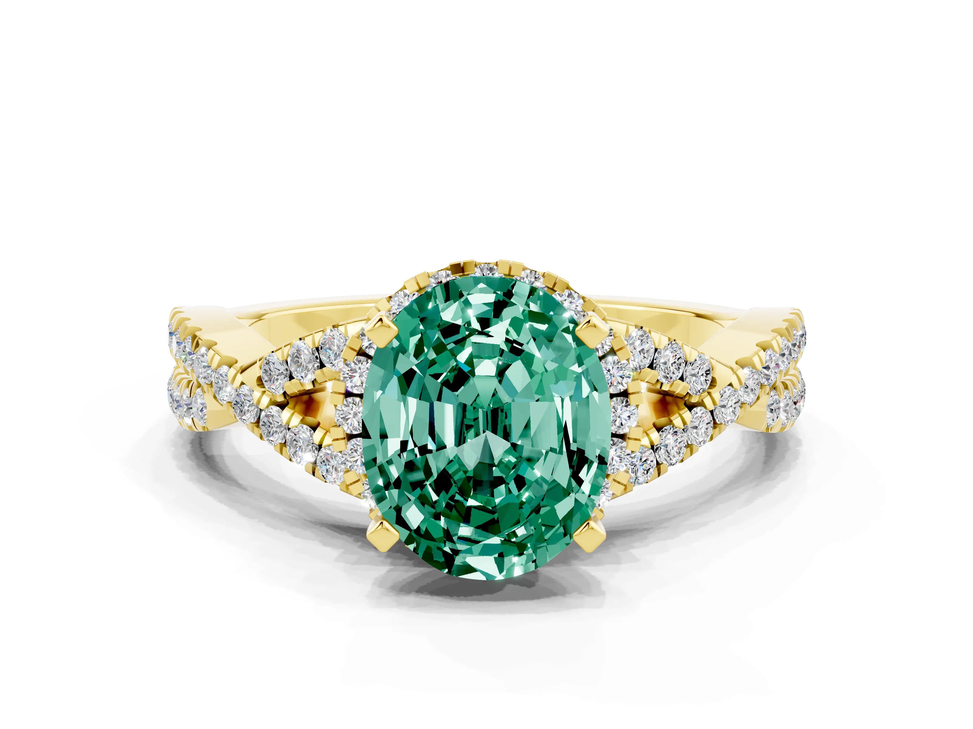 Yellow gold Oval Cut Green Sapphire Halo Twist Band Solitaire Prong Setting Ring