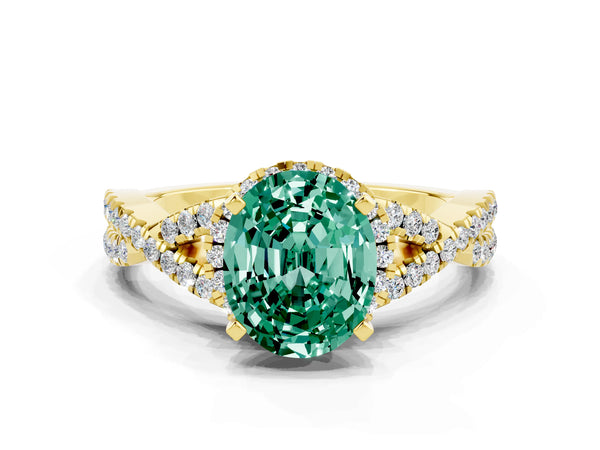 Yellow gold Oval Cut Green Sapphire  Halo Twist Band Solitaire Prong Setting Ring