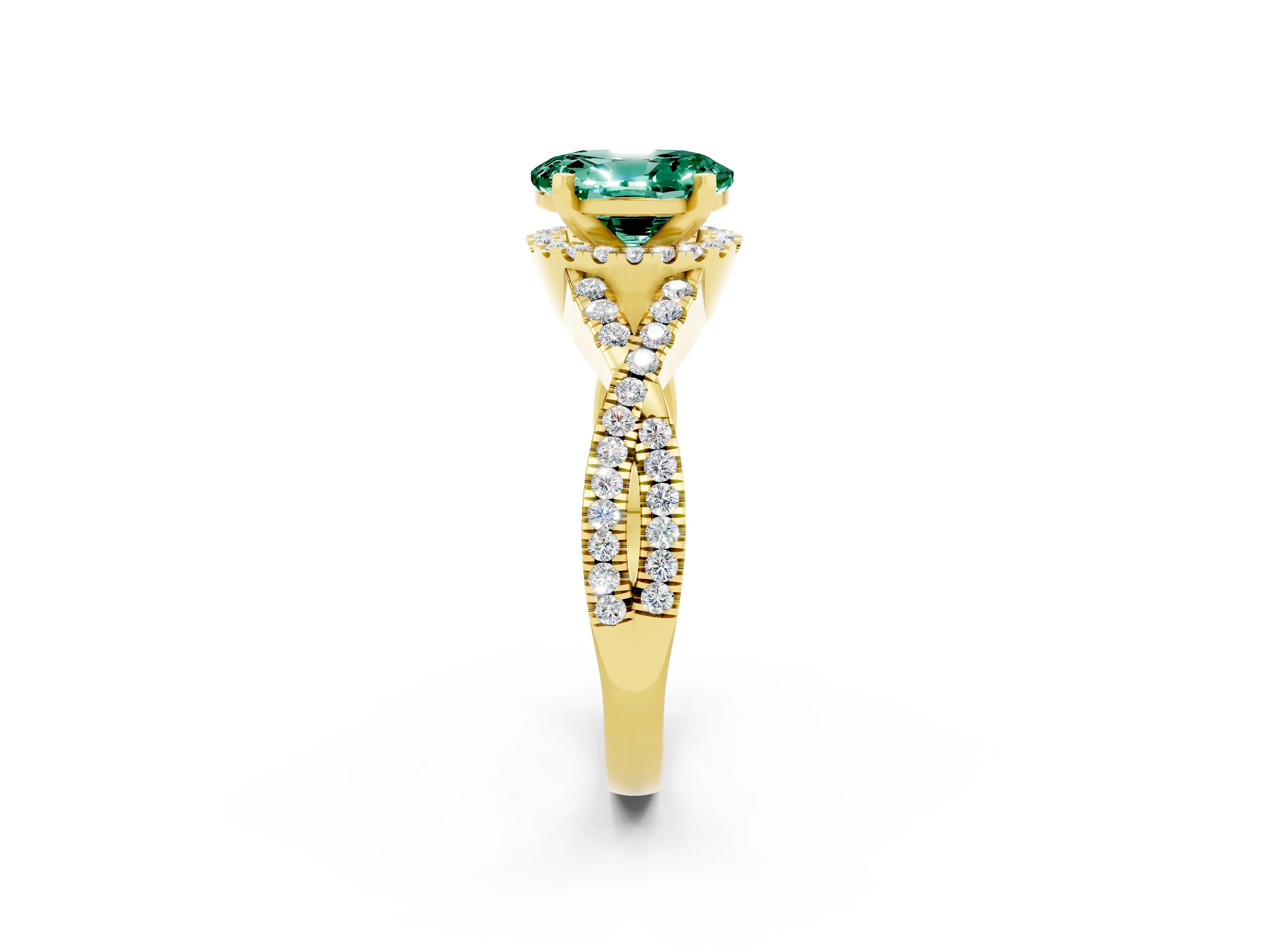 Yellow gold Oval Cut Green Sapphire Halo Twist Band Solitaire Prong Setting Ring_2