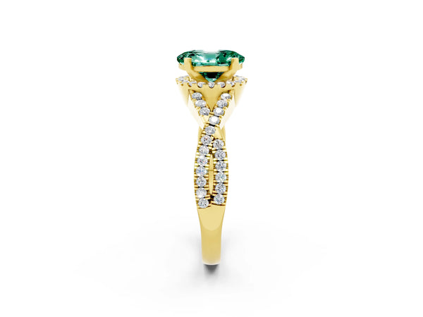 Yellow gold Oval Cut Green Sapphire  Halo Twist Band Solitaire Prong Setting Ring