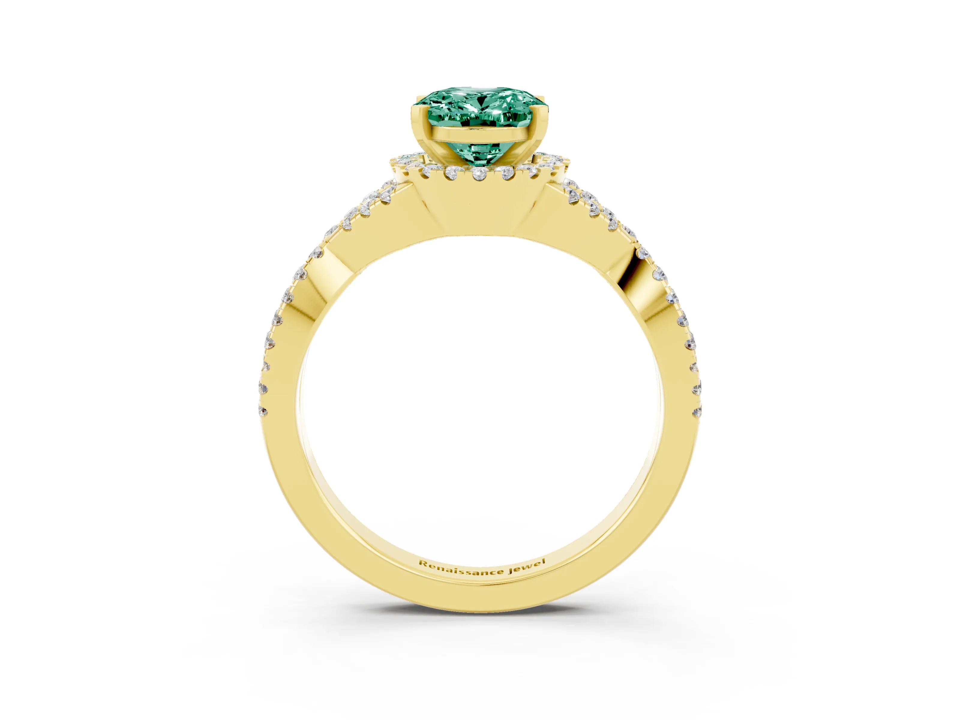 Yellow gold Oval Cut Green Sapphire Halo Twist Band Solitaire Prong Setting Ring_3