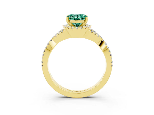 Yellow gold Oval Cut Green Sapphire  Halo Twist Band Solitaire Prong Setting Ring