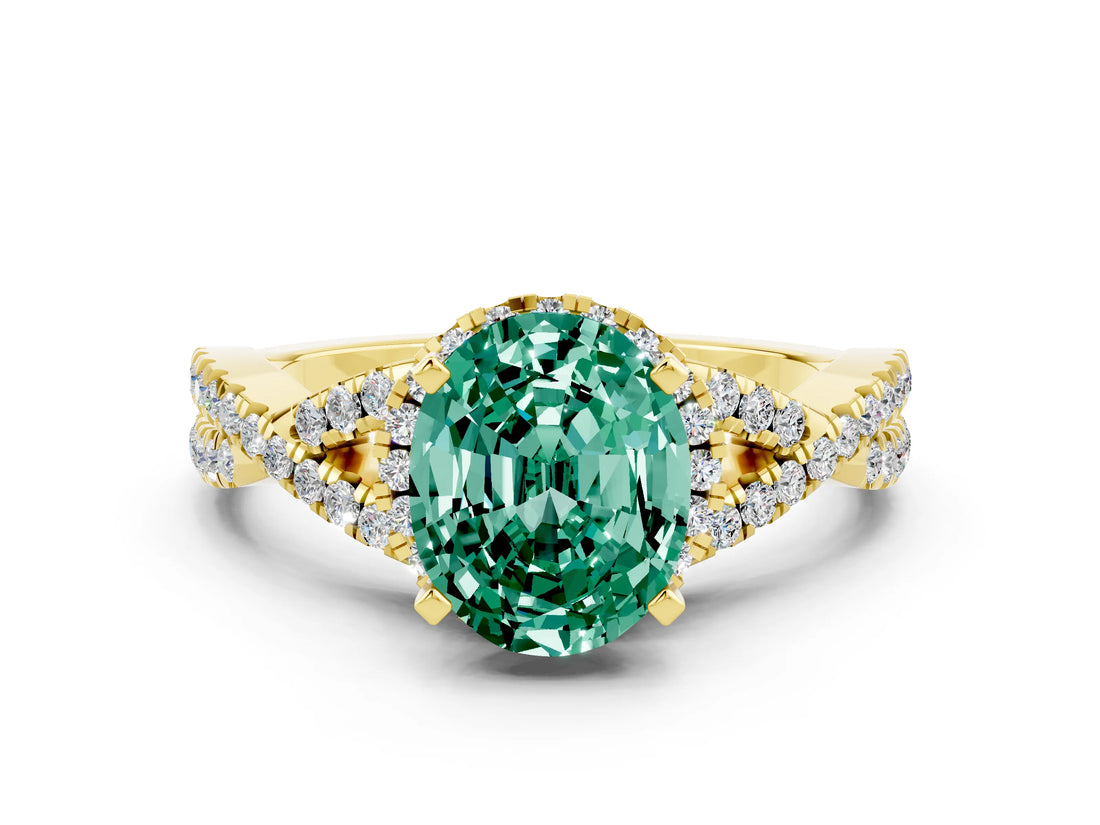 Yellow gold Oval Cut Green Sapphire  Halo Twist Band Solitaire Prong Setting Ring_48