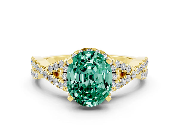 Yellow gold Oval Cut Green Sapphire  Halo Twist Band Solitaire Prong Setting Ring