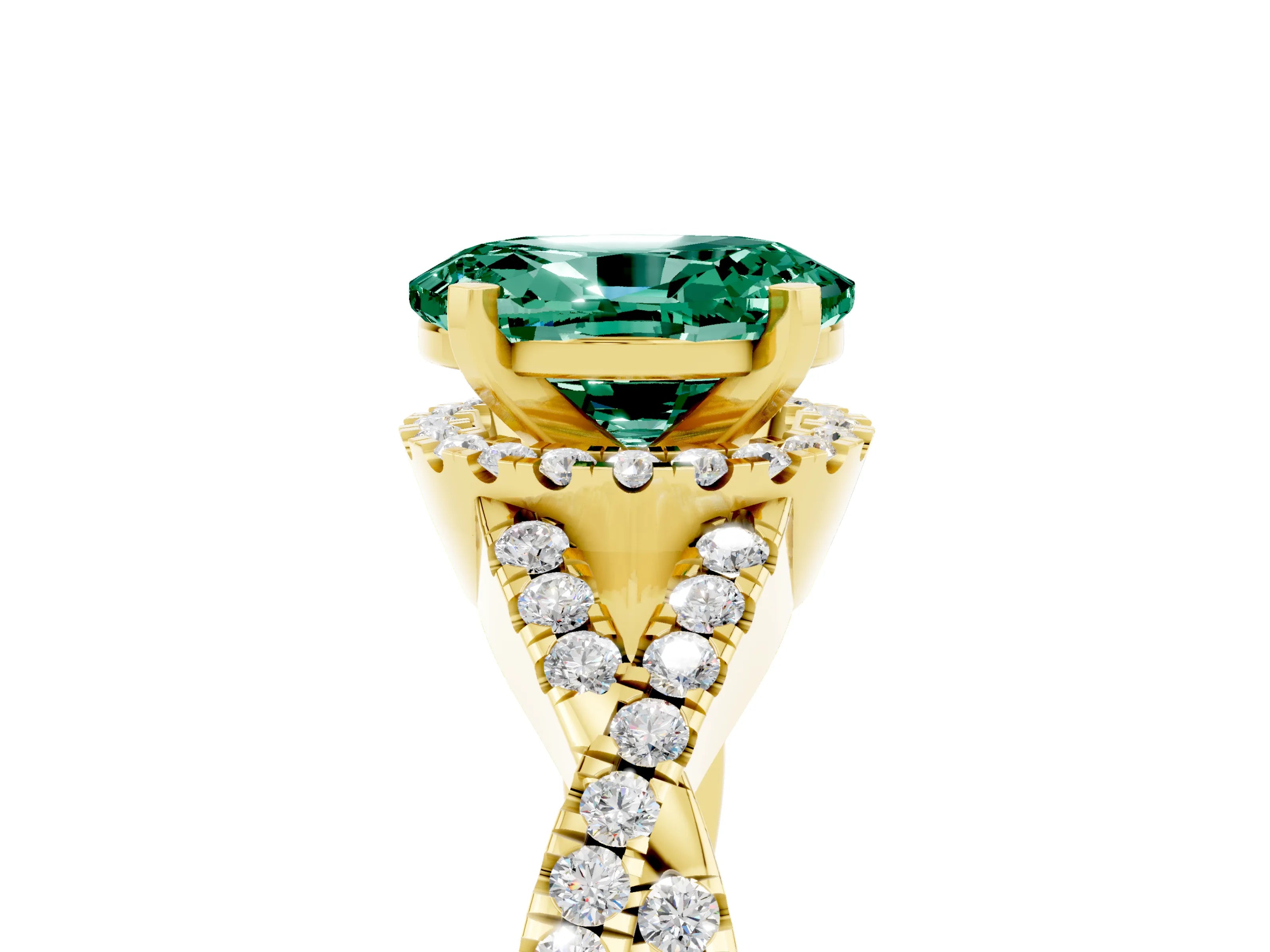 Yellow gold Oval Cut Green Sapphire Halo Twist Band Solitaire Prong Setting Ring_5