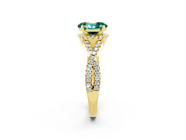 Yellow gold Oval Cut Green Sapphire  Halo Twist Band Solitaire Prong Setting Ring