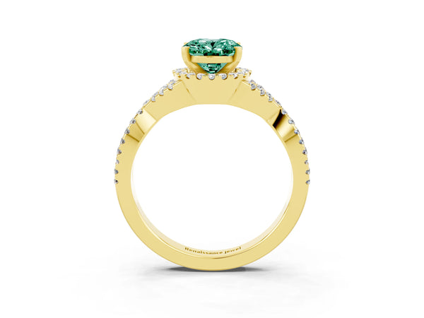 Yellow gold Oval Cut Green Sapphire  Halo Twist Band Solitaire Prong Setting Ring