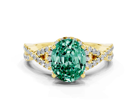 Yellow gold Oval Cut Green Sapphire Halo Twist Band Solitaire Prong Setting Ring