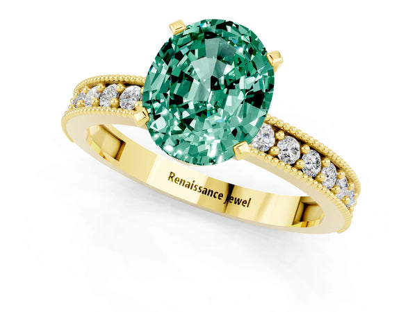 Yellow gold Oval Cut Green Sapphire Milgrain Pavé Engagement Ring with Four-Prong Setting
