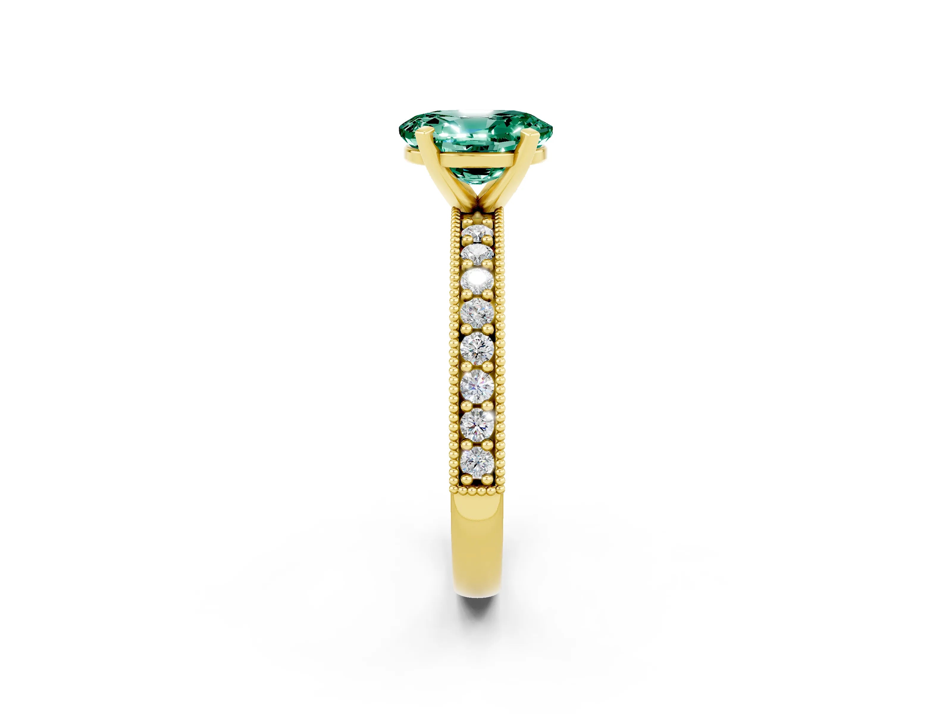 Yellow gold Oval Cut Green Sapphire Milgrain Pavé Engagement Ring with Four-Prong Setting_25